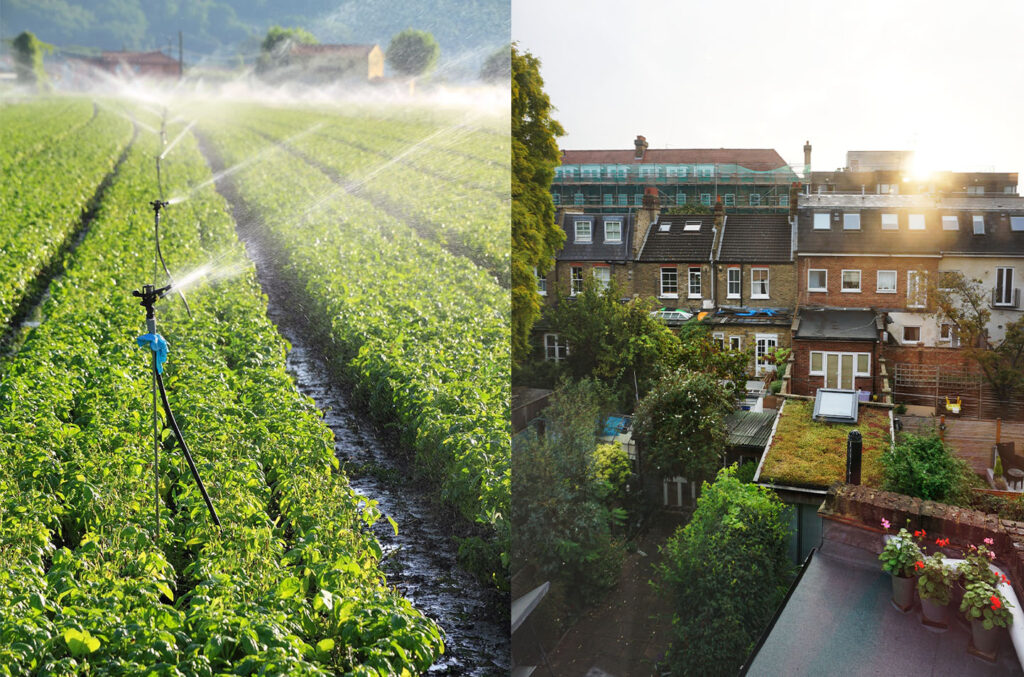 Agricultural field irrigation and urban home water supply powered by a submersible water pump for farming and residential use.