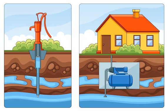 Illustration showing how a submersible water pump works in wells and boreholes for home water supply systems.
