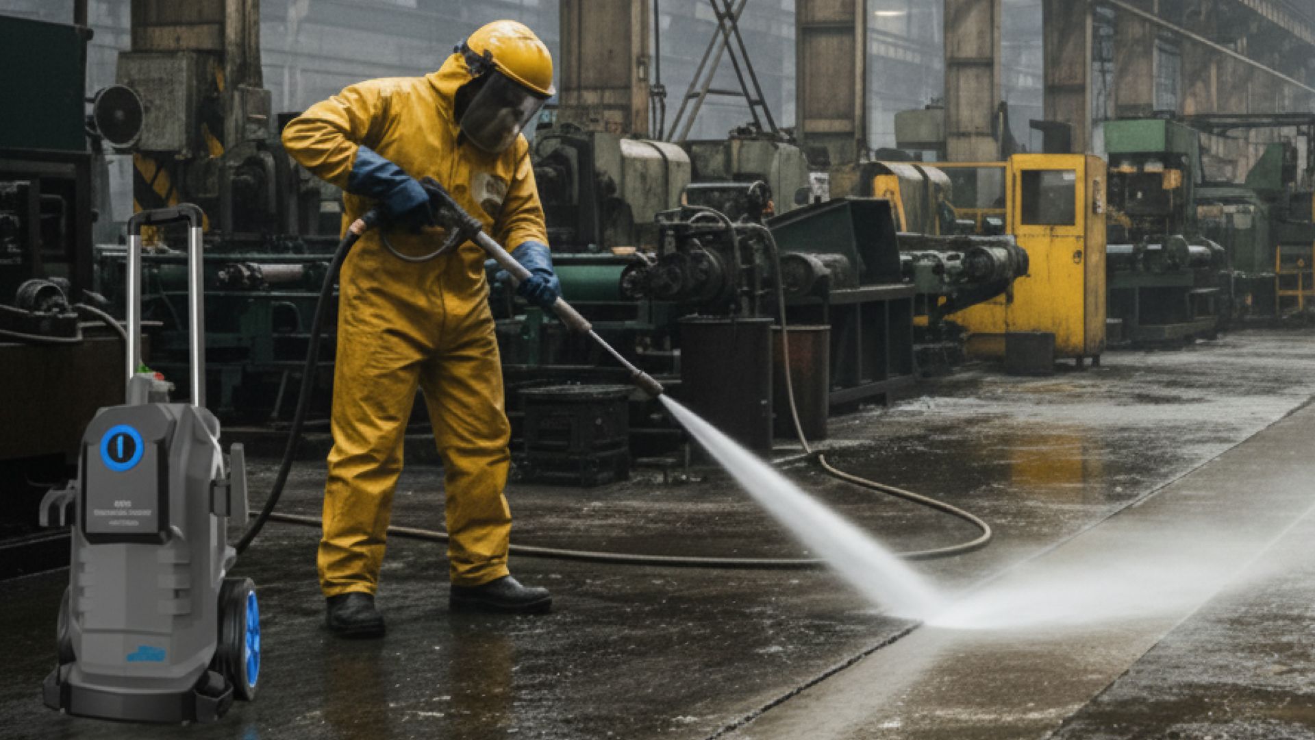 Industrial worker using a Tsunami water pressure cleaner to wash factory floors with powerful high-pressure jets for heavy-duty cleaning.