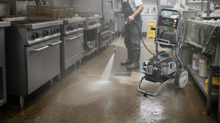 Professional kitchen staff using a Tsunami high water pressure cleaner to clean greasy restaurant floors efficiently.