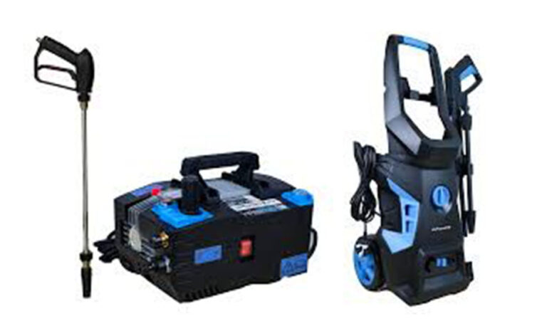 Heavy-duty Tsunami high water pressure cleaners with hose and spray gun set for industrial and outdoor surface cleaning.